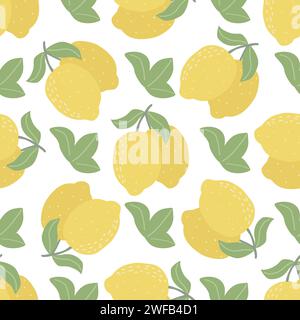 Limoni maturi brillanti e motivo fogliame senza cuciture. Sfondo tropicale di agrumi. Stampa estiva di frutta per tessuti, imballaggi, carta, tessuti, vettoriali Illustrazione Vettoriale