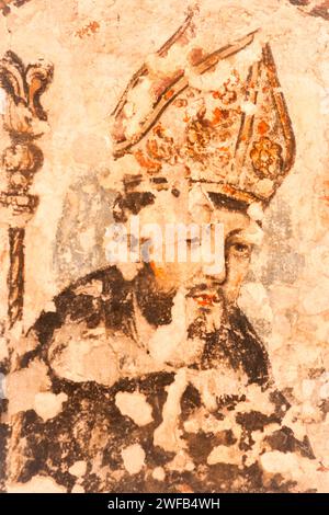 Sbiadito murale del XVI secolo all'interno del monastero dell'ex Convento Dominicano e chiesa incompiuta del 1560, Cuilapan, Valles Centrales, Oaxaca, Messico Foto Stock