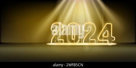 2024 felice anno nuovo scintillante luce sullo sfondo. Decorazioni con numeri d'oro ed effetto luce soffusa Illustrazione Vettoriale