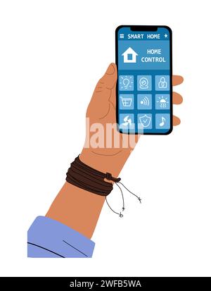 Applicazione per la casa intelligente che tiene in mano lo smartphone Illustrazione Vettoriale