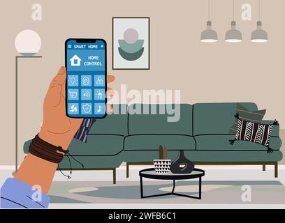 Con l'app Smart Home sul telefono e sulla scena interna. Illustrazione Vettoriale