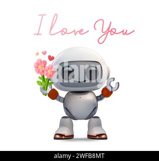 modello di banner chatbot 3d a cuore dolce con il robot che tiene il fiore. icona robot 3d resa carina e adorabile, isolata su sfondo bianco. Ti amo il concetto di emoji. illustrazione vettoriale 3d. Illustrazione vettoriale Illustrazione Vettoriale