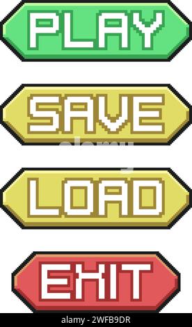 Interfaccia menu pulsanti set di immagini pixel. elementi dell'interfaccia grafica utente a 8 bit. Sviluppo di videogame, app mobile. Illustrazione vettoriale isolata Illustrazione Vettoriale