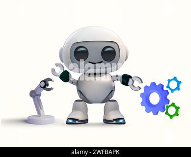 icona di un moderno robot ondulatorio con rendering 3d, mano robotica, ingranaggi, isolati su sfondo bianco. Stile cartoni animati, utile modello di banner per bot ai. illustrazione vettoriale 3d. Illustrazione vettoriale Illustrazione Vettoriale