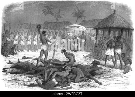 Sacrificio umano di fronte al re Ghezo nel regno del Dahomey (1600-1904), ora Benin, Africa occidentale. Incisione o illustrazione d'epoca o storica Foto Stock