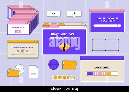 interfaccia y2k, retro groovy psichedelico, browser windows, interfaccia computer, vettore neobrutalismo di ricerca Illustrazione Vettoriale