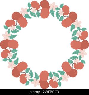 Rami fioriti con telaio rotondo per mele. Bordo circolare con frutta matura, fiori e foglie. Ornamento di frutta con spazio di copia, illustrazione vettoriale Illustrazione Vettoriale