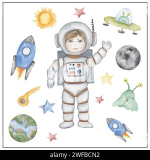 Astronauta acquerello sulla clipart dello spazio, illustrazione disegnata a mano. Astronauta uomo con pianeti astronavi e alieni, video video per bambini, educati Foto Stock