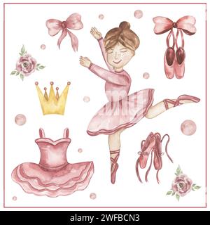 Clipart ballerina danzante acquerello, illustrazione disegnata a mano. Ragazza che balla con scarpe pointe, abito rosa, corona e fiori, clip per biglietti scolastici per bambini Foto Stock