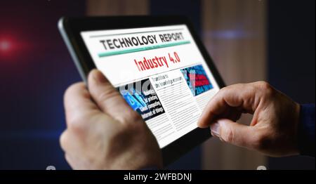 Lettura quotidiana di robotica e automazione con tecnologia Industry 4,0 sullo schermo di un tablet portatile. Uomo touchscreen con titoli notizie abstrac Foto Stock