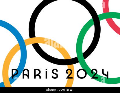 Ucraina, Charkiv - 2 agosto 2023. Parigi, Francia, 2024 Olimpiadi estive logo ufficiale. Illustrazione vettoriale dei giochi olimpici. Illustrazione Vettoriale