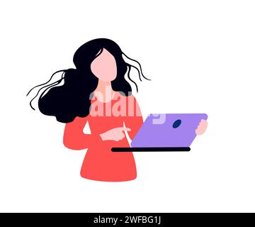 La ragazza sta tenendo un portatile in mano. Avatar di una donna. Donna d'affari. Illustrazione del vettore piatto Illustrazione Vettoriale