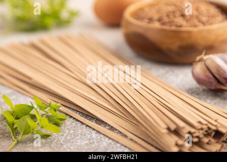 Tagliatelle giapponesi di soba di grano saraceno con pomodoro, uova, spezie, erbe su fondo marrone di cemento. Vista laterale, primo piano, messa a fuoco selettiva. Foto Stock