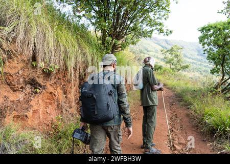 Fotografo Mountain Trekking nel Santuario della vita selvaggia di Waynad. 7 gennaio 2024, Kerala India. Foto Stock