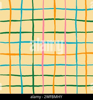 Graziosa griglia disegnata a mano. Disegno a quadri doodle beige, giallo, rosa, blu, verde con scacchi. Sfondo quadrato grafico con trama. Griglia a mano libera line art Illustrazione Vettoriale