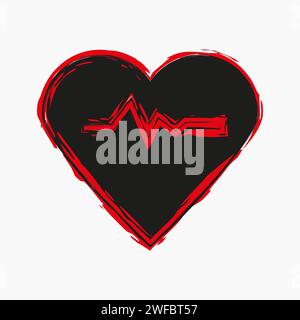 Icona a impulsi a cuore nero. Cornice di inchiostro rosso. Storia della medicina. Concetto di assistenza sanitaria. Illustrazione vettoriale. Immagine stock. EPS 10. Illustrazione Vettoriale