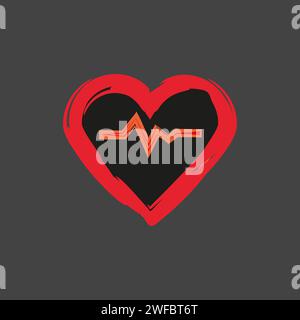 Icona a impulsi sul cuore nero. Cornice rossa della spazzola. Concetto di assistenza sanitaria. Storia della medicina. Illustrazione vettoriale. Immagine stock. EPS 10. Illustrazione Vettoriale