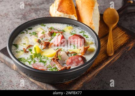 Zalewajka è una deliziosa zuppa di segale acida polacca tradizionale con verdure, salsiccia e funghi secchi da vicino sul piatto sul tavolo. Orizzontale Foto Stock