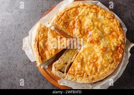 Torta svizzera a strati con mela, patate, pera, cipolla e formaggio da vicino su una tavola di legno sul tavolo. Vista superiore orizzontale dall'alto Foto Stock