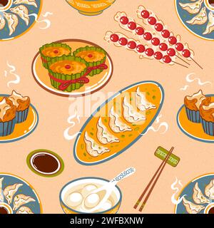 Cucina asiatica tradizionale per il capodanno cinese senza cuciture. Nian Gao, torta di riso. Fa Gao. Palle di riso del sud Ningbo. Palle da zuppa. Biancospini canditi. Illustrazione Vettoriale