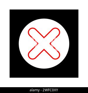 Icona a croce in cerchio. Segno rosso. Quadrato nero. Semplice arte piatta. Contrassegna elemento. Progettazione di app. Illustrazione vettoriale. Immagine stock. EPS 10. Illustrazione Vettoriale