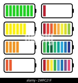 Icona carica batteria impostata. Segno colorato. Background del processo. Progettazione dei processi energetici. Illustrazione vettoriale. Immagine stock. EPS 10. Illustrazione Vettoriale