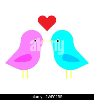 Due uccelli con il cuore. Quell'amore. Animali colorati. Blu e rosa. Sfondo romantico. Illustrazione vettoriale. Immagine stock. EPS 10. Illustrazione Vettoriale