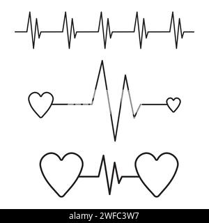 Set di icone dell'elettrocardiogramma. Simbolo d'amore. Emblema cardiologico. Icona medica. Sfondo bianco. Illustrazione vettoriale. Immagine stock. EPS 10. Illustrazione Vettoriale