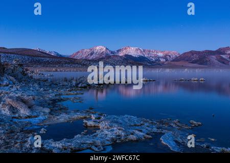 Prima dell'alba nebbia sulle formazioni di tufo sul lago Mono in California. Le montagne della Sierra orientale sono dietro. Foto Stock