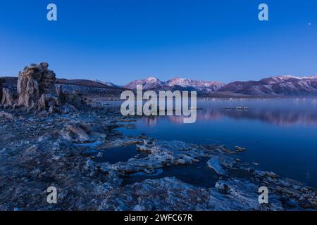 Prima dell'alba nebbia sulle formazioni di tufo sul lago Mono in California. Foto Stock