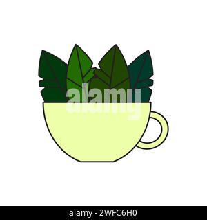 Tazza verde con foglia. Icona del tè verde. Simbolo della bevanda naturale. Decorazioni e design artistico. Illustrazione vettoriale. Immagine stock. EPS 10. Illustrazione Vettoriale