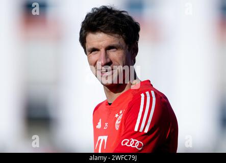 Monaco, Germania. 30 gennaio 2024. Calcio: FC Bayern Monaco di Baviera sessione pubblica di allenamento presso il campo di allenamento di Säbener Straße. Thomas Müller del Bayern Monaco prende parte alla formazione. Crediti: Sven Hoppe/dpa/Alamy Live News Foto Stock