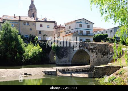 La Puebla de Arganzon, ponte medievale sul fiume Zadorra. Treviño, provincia di Burgos, Castilla y Leon, Spagna. Foto Stock