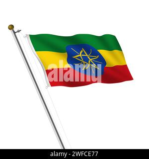 Illustrazione 3d di Ethiopia Flagpole su bianco con percorso di ritaglio Foto Stock