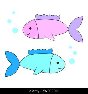 Pesce da cartone animato. Icona piatta. Schema animale. Grafica per bambini. Doodle Set. Illustrazione vettoriale. Immagine stock. EPS 10. Illustrazione Vettoriale