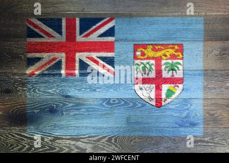 Bandiera Fiji su sfondo rustico di legno antico Foto Stock