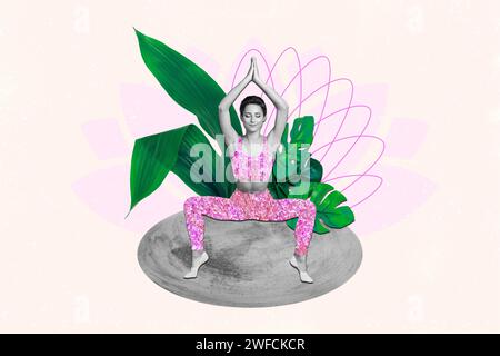 Collage di foto contemporanea orizzontale di giovane sportiva che pratica yoga salute mentale rilassarsi riposare meditazione pacifica Foto Stock