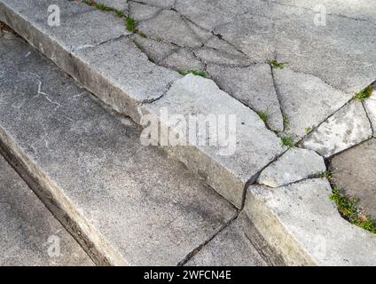 Scalini di una scala di cemento distrutti e ricoperti di erba Foto Stock