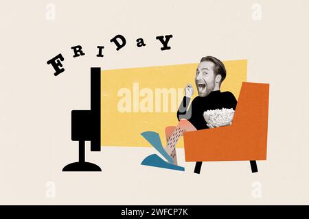 Immagini collage creative seduti giovani felici che guardano la tv goditi il riposo rilassati venerdì sera sfondo bianco Foto Stock