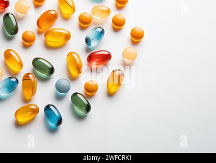Pillole multicolore su sfondo bianco Foto Stock