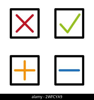 segno di spunta più meno quadrato. Simbolo della croce. Illustrazione vettoriale. Immagine stock. EPS 10. Illustrazione Vettoriale