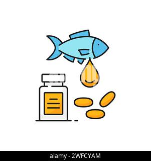 Icona della linea di capsule di olio di pesce dell'industria della pesca. Nutrizione sana, dieta vitamine e Omega 3 fonte naturale, integratore alimentare contorno icona vettore. Pittogramma della linea di prodotti ittici con pillole di olio di pesce Illustrazione Vettoriale