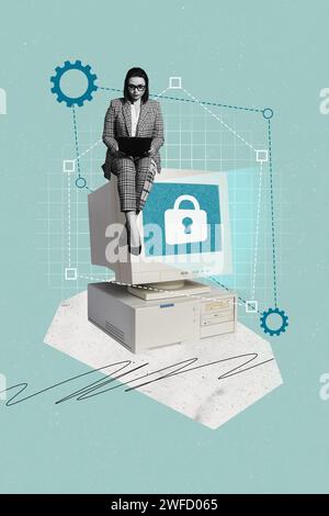 Collage creativo di una giovane donna d'affari che cerca di sbloccare il suo antivirus informatico in ufficio isolato su sfondo blu Foto Stock