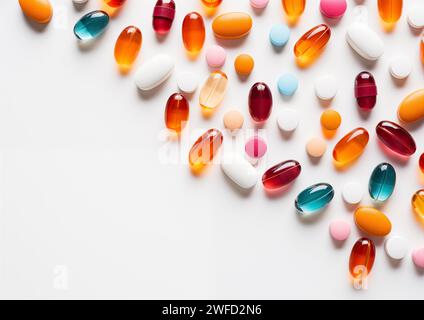 Pillole multicolore su sfondo bianco Foto Stock