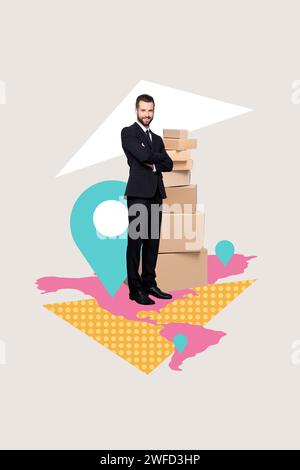 Immagine del poster con illustrazione collage verticale bel sorriso felice giovane uomo in piedi servizio di consegna corriere ordine modello colorato insolito Foto Stock