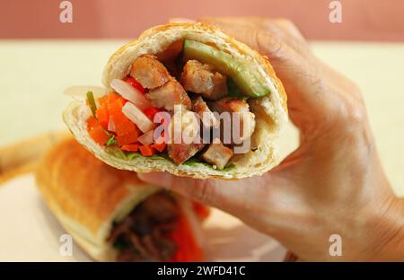 Primo piano sulla mano che tiene appetitoso sandwich vietnamita Banh mi Foto Stock