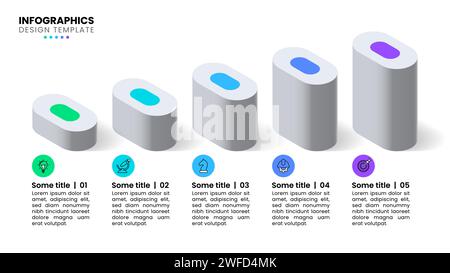 Modello infografico con icone e 5 opzioni o passaggi. Colonne isometriche. Può essere utilizzato per layout del flusso di lavoro, diagrammi, webdesign. Illustrazione vettoriale Illustrazione Vettoriale