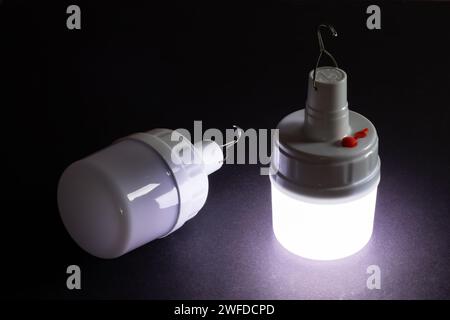 Due lampadine a LED di emergenza bianche con batteria integrata. Foto Stock