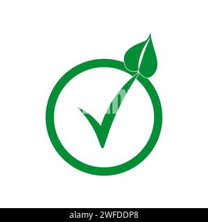 Controllare il logo della foglia qualità vegetariana ecologia vegano verde elemento ecologico simbolo biologico. Illustrazione vettoriale. Immagine stock. EPS 10. Illustrazione Vettoriale