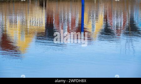 Greifswald, Germania. 30 gennaio 2024. Le case si riflettono nell'acqua del fiume Ryck. Crediti: Stefan Sauer/dpa/ZB/dpa/Alamy Live News Foto Stock